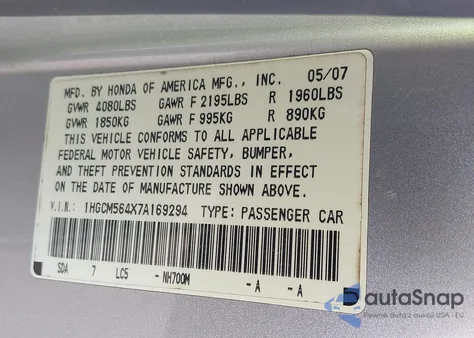 2007 Honda Accord 2.4 Lx from USA, damaged, VIN 1HGCM564X7A169294